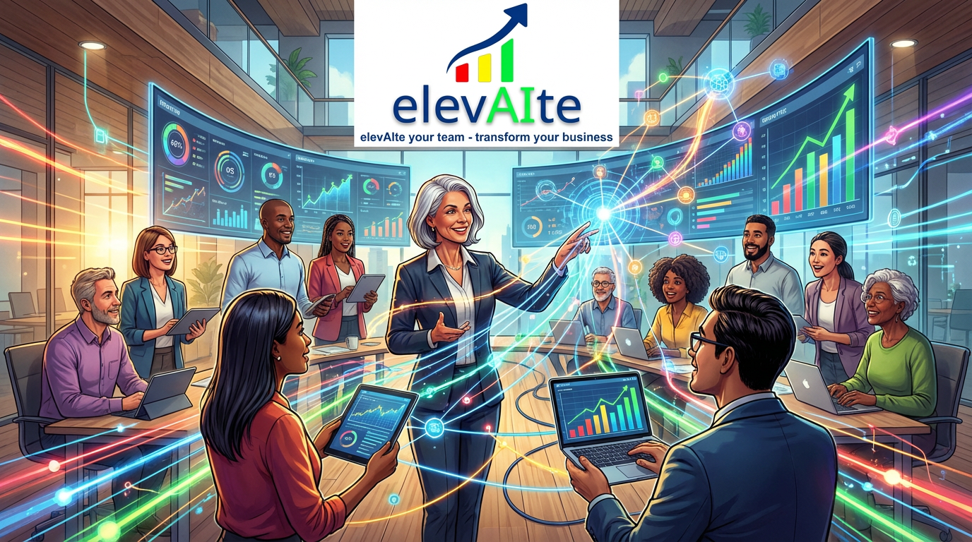 Diverse group of people learning AI together in a colorful digital classroom