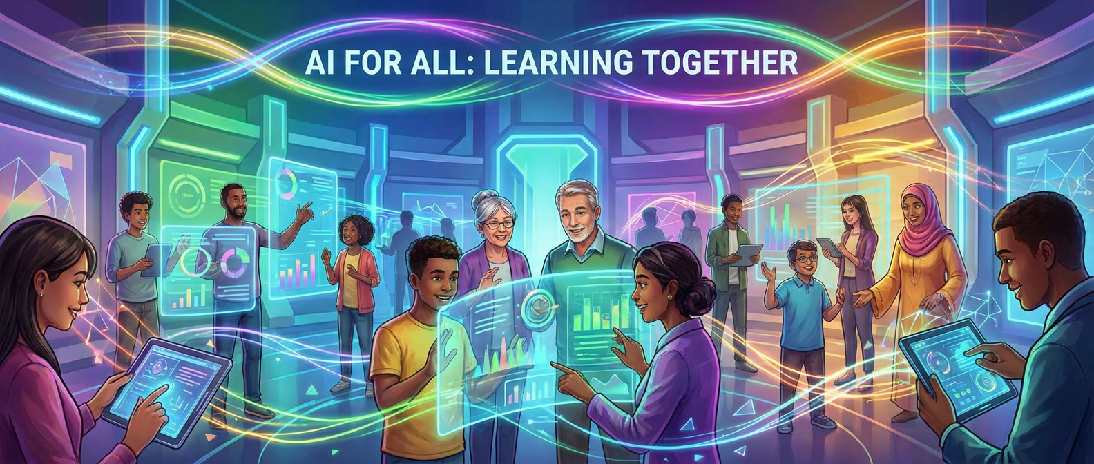 Diverse group of people learning AI together in a colorful digital classroom