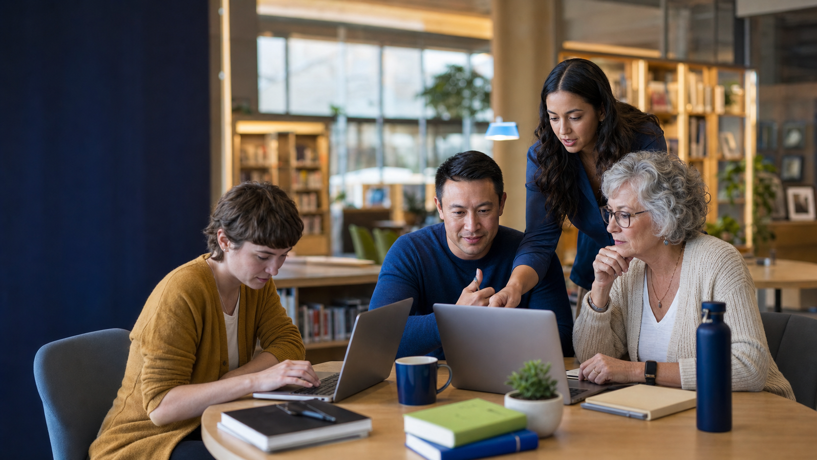 An instructor guides a diverse group of adults through an approachable technology workshop