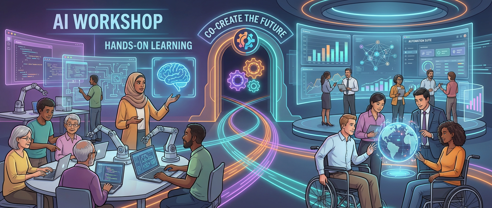 Diverse group of people learning AI together in a colorful digital classroom